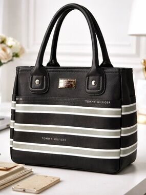 Tommy Hilfiger Black, White & Grey Striped Tote Bag